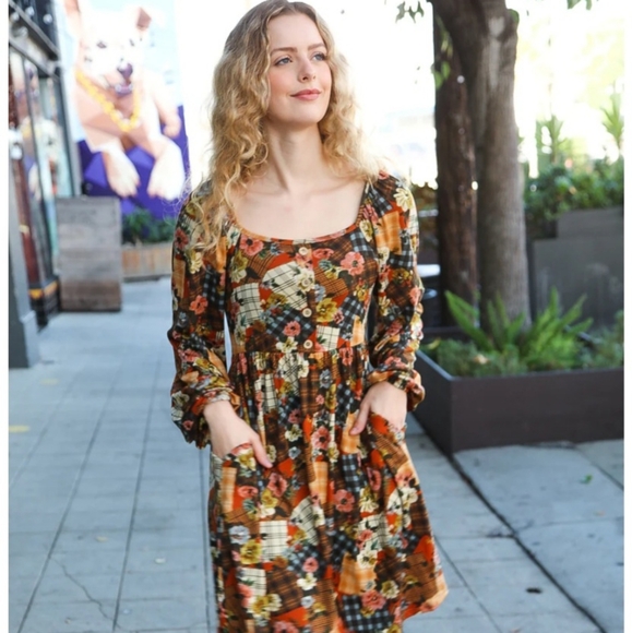 Rust Plaid and Floral Patchwork Square Neck Dress - Picture 3 of 3